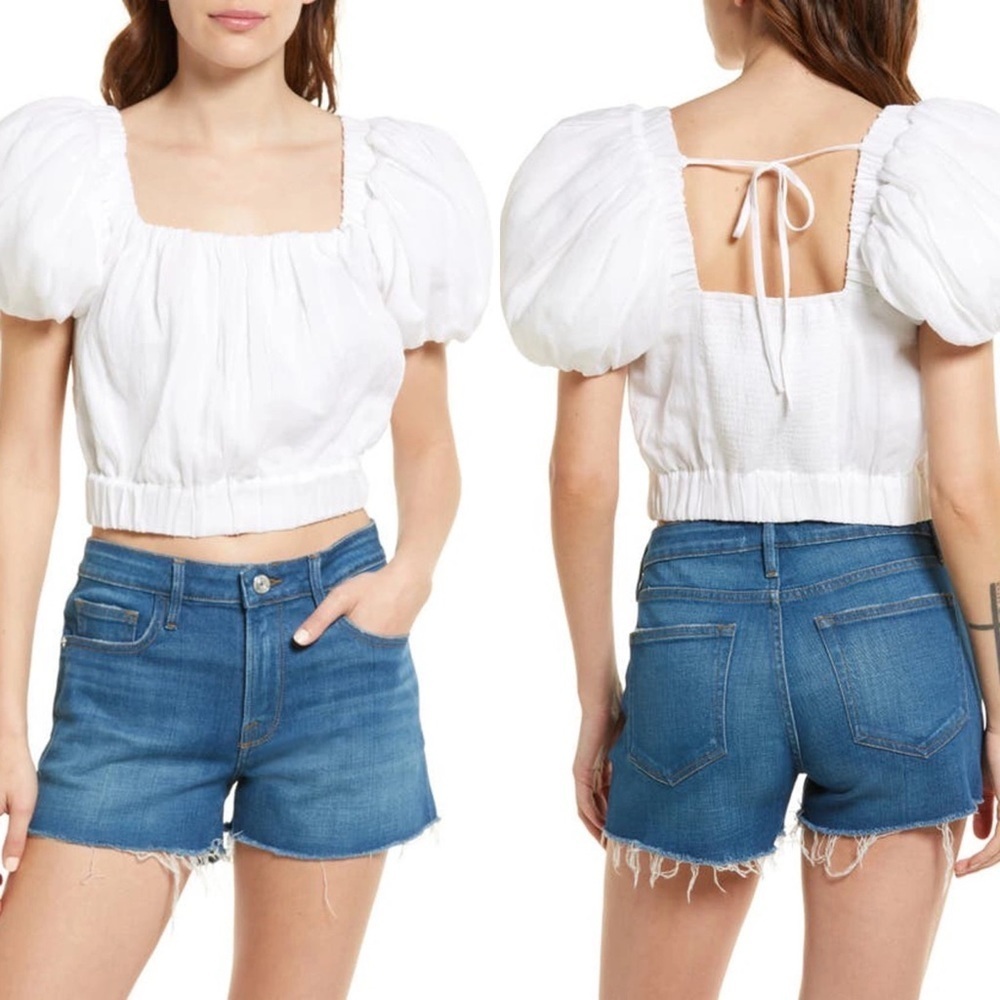 New Frame Ruched Crop Puff Sleeve Blouse Blanc White Size Small Square Neck Top